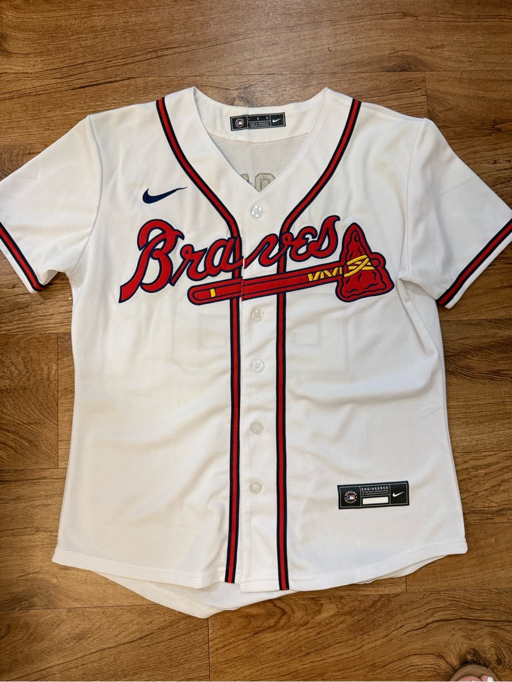 Nike White Braves Baseball Jersey with Red and Navy Trim
